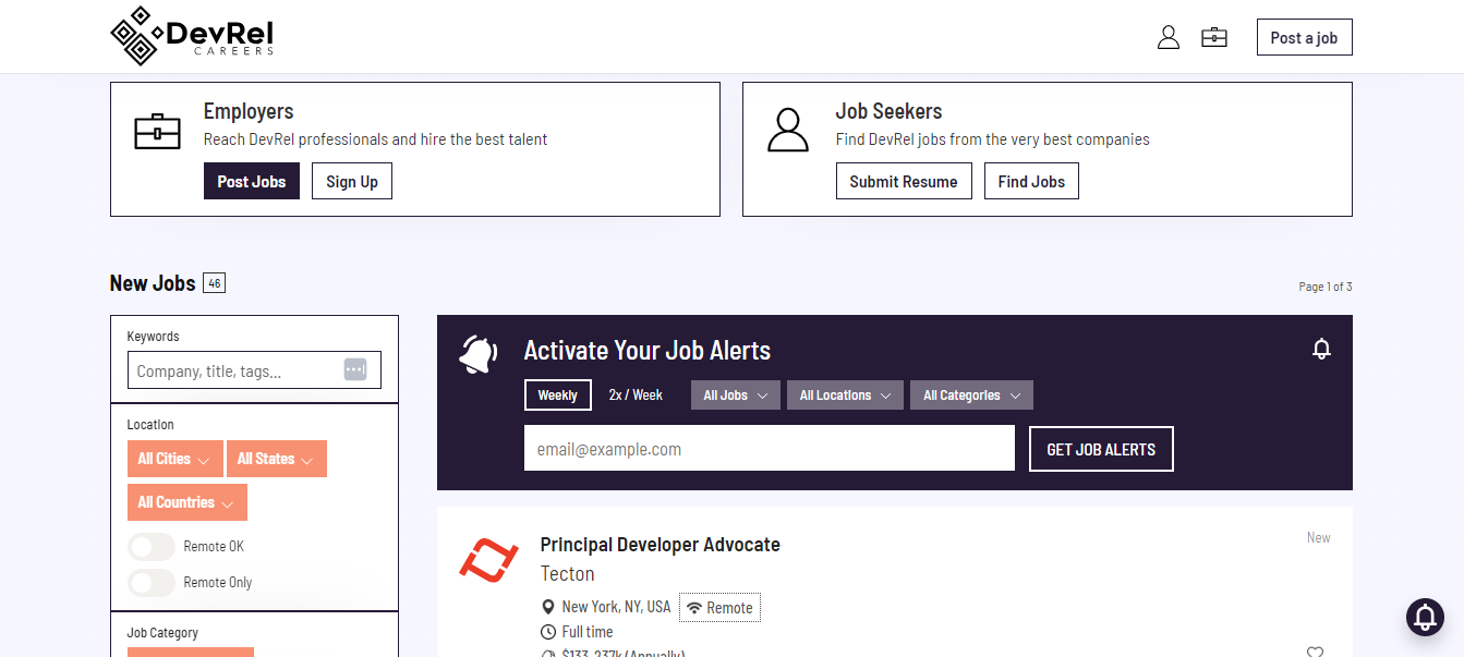 A screenshot of DevRel Careers job board homepage